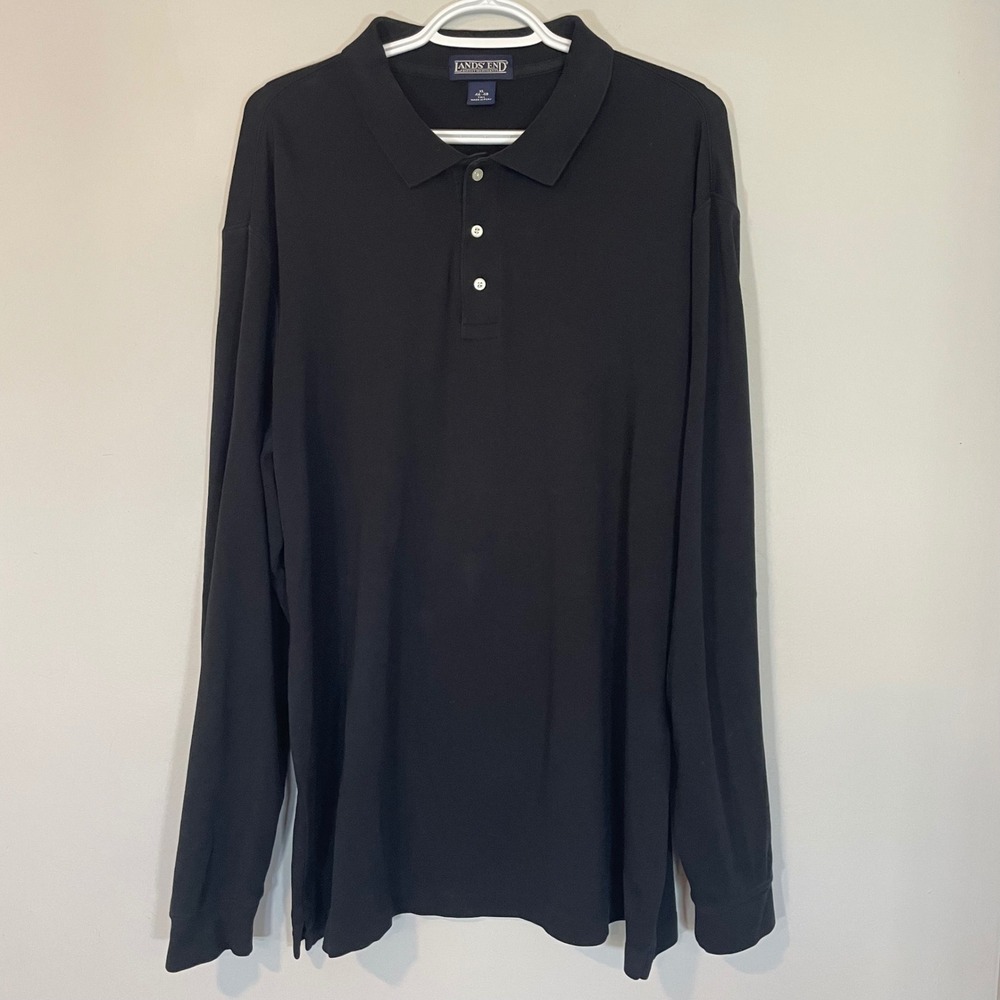 Lands End Mens XL Tall Black Long Sleeve 100% Cotton Polo Shirt‎ XLT